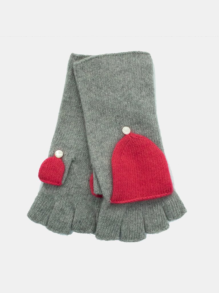 Cashmere Flip Top Mittens - Light Grey/Candy Pink