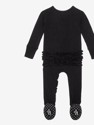 Black Ribbed Footie Ruffled Zippered One Piece