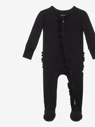 Black Ribbed Footie Ruffled Zippered One Piece - Black