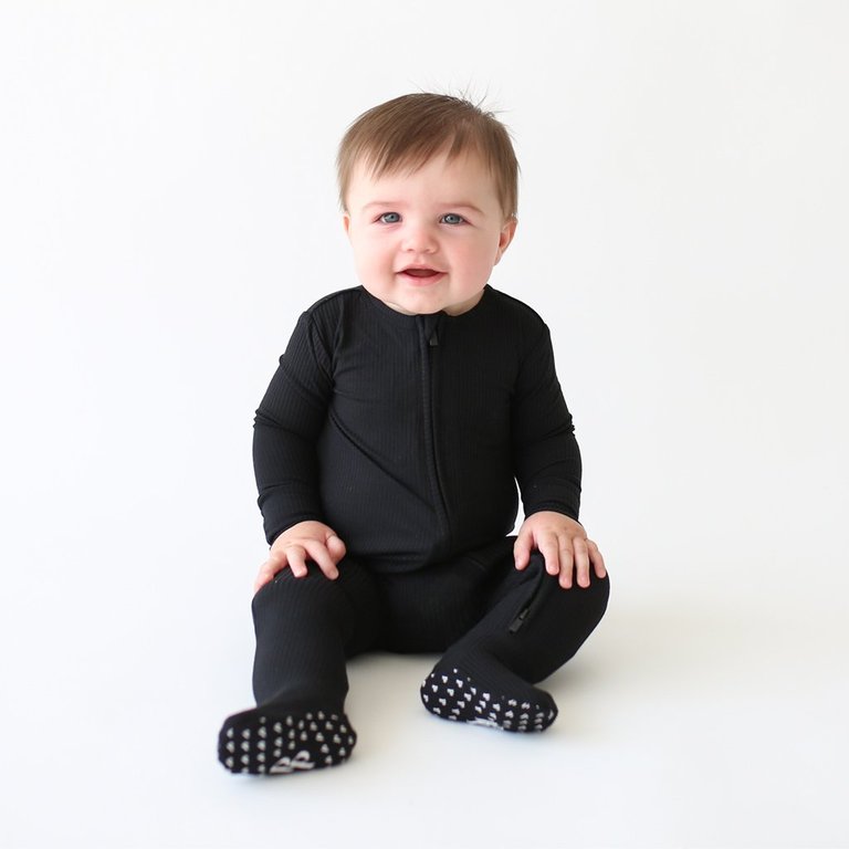 Black Ribbed Footie Zippered One Piece - Black