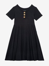 Black Ribbed Short Sleeve Henley Twirl Dress - Black