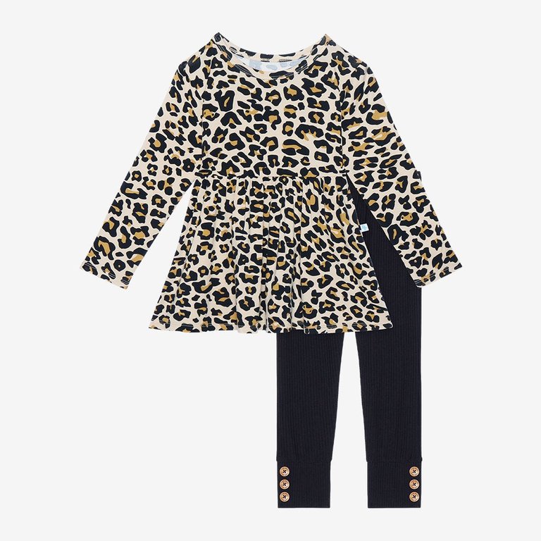 Lana Leopard Tan Long Sleeve Peplum Legging Set - Tan