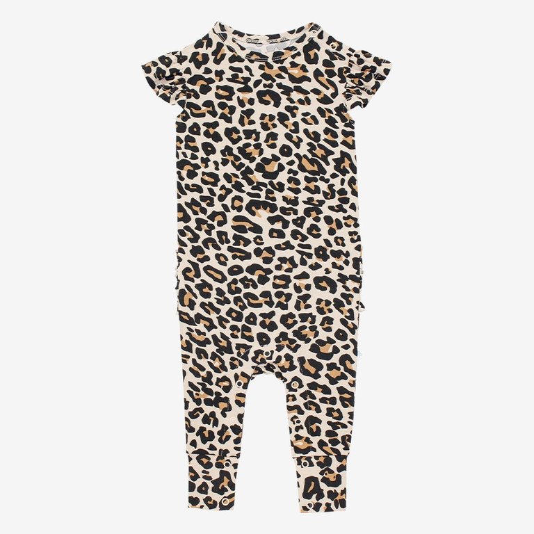 Lana Leopard Tan Ruffled Cap Sleeve Romper - Tan