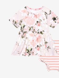 Vintage Pink Rose Short Sleeve Peplum Ruffled Bummie Set - Pink