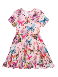 Watercolor Butterfly - Short Sleeve Ruffled Twirl Dress - Watercolor Butterfly