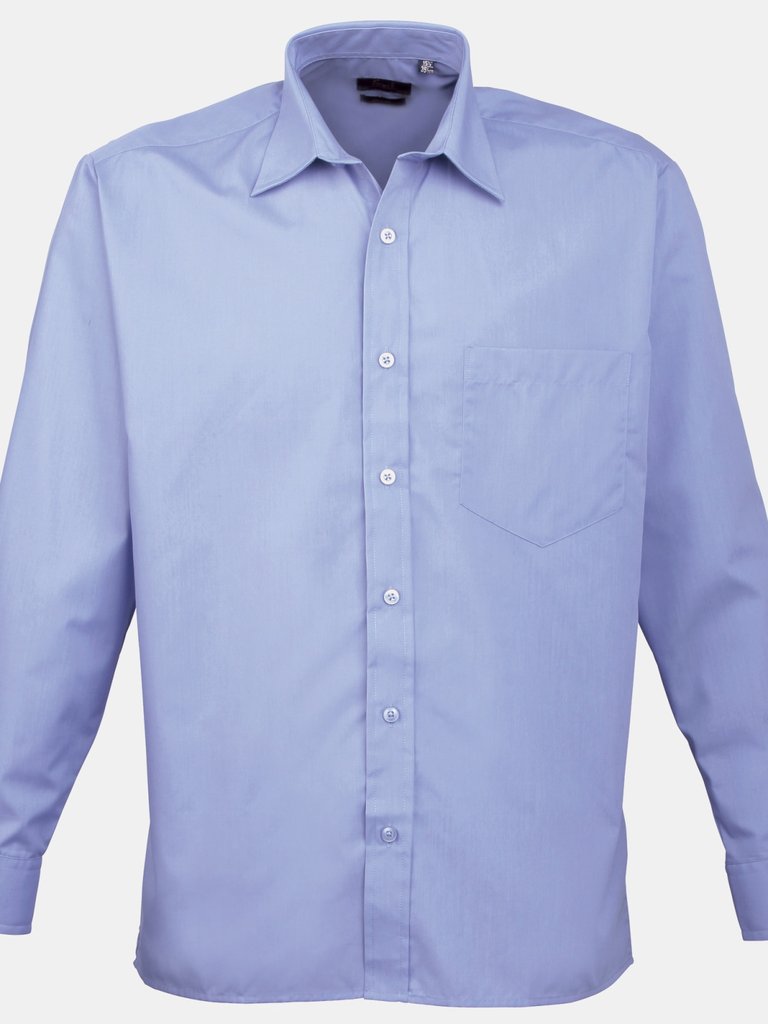 Mens Long Sleeve Formal Plain Work Poplin Shirt - Mid Blue