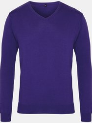 Mens V-Neck Knitted Sweater (Purple) - Purple