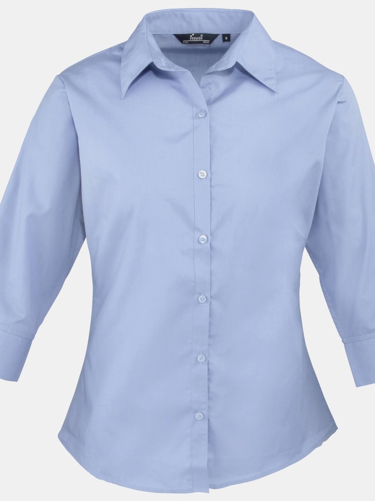 Premier 3/4 Sleeve Poplin Blouse / Plain Work Shirt (Mid Blue) - Mid Blue