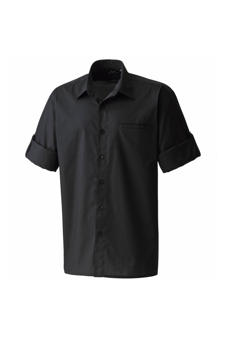 Premier Mens “Roll Sleeve” Poplin Plain Work Shirt (Black) - Black