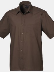Premier Mens Short Sleeve Formal Poplin Plain Work Shirt (Brown) - Brown