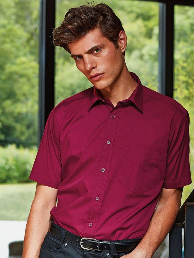 Premier Mens Short Sleeve Formal Poplin Plain Work Shirt (Burgundy)