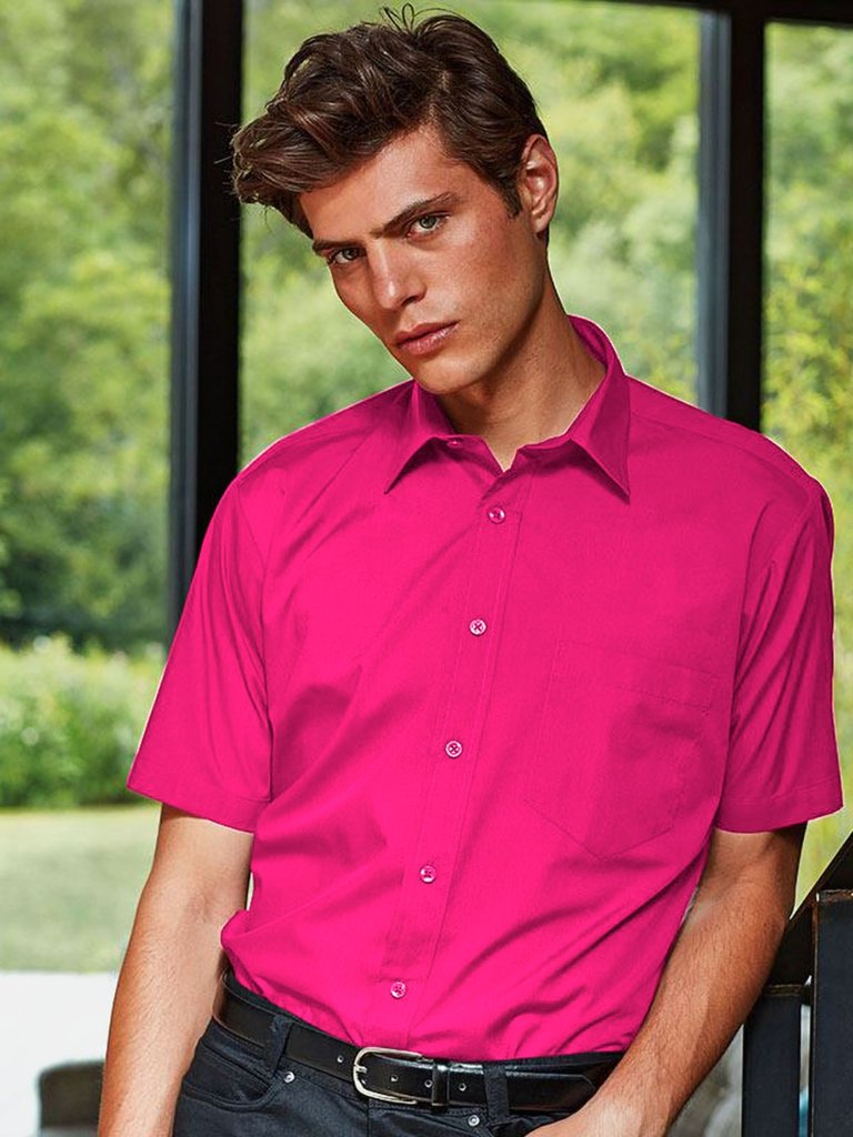 Premier Hot Pink Mens Short Sleeve Formal Poplin Plain Work Shirt