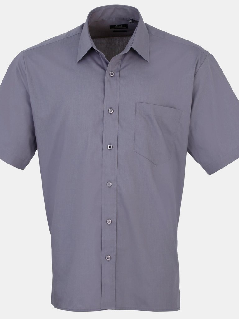 Premier Mens Short Sleeve Formal Poplin Plain Work Shirt (Steel) - Steel