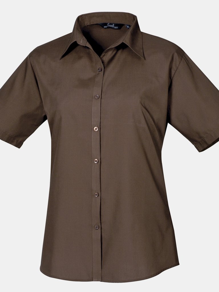 Premier Short Sleeve Poplin Blouse/Plain Work Shirt (Brown) - Brown