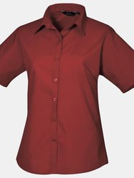 Premier Short Sleeve Poplin Blouse/Plain Work Shirt (Burgundy) - Burgundy