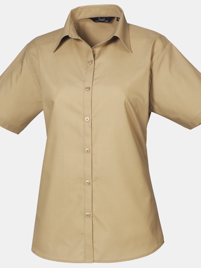 Premier Short Sleeve Poplin Blouse/Plain Work Shirt (Khaki) - Khaki