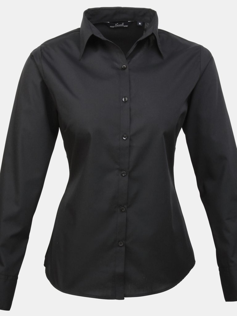Premier Womens/Ladies Poplin Long Sleeve Blouse / Plain Work Shirt (Black) - Black