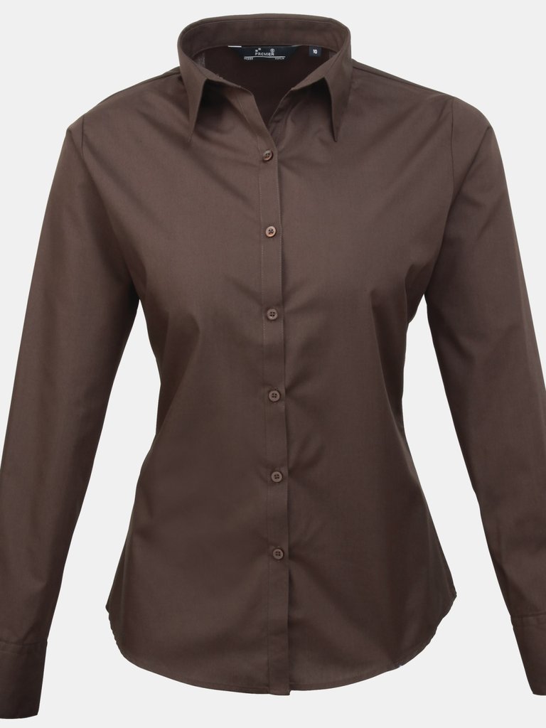 Premier Womens/Ladies Poplin Long Sleeve Blouse / Plain Work Shirt (Brown) - Brown