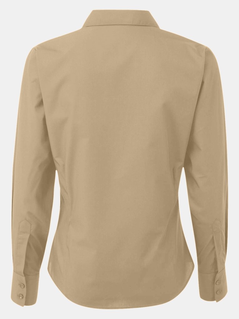 Premier Womens/Ladies Poplin Long Sleeve Blouse / Plain Work Shirt (Khaki)