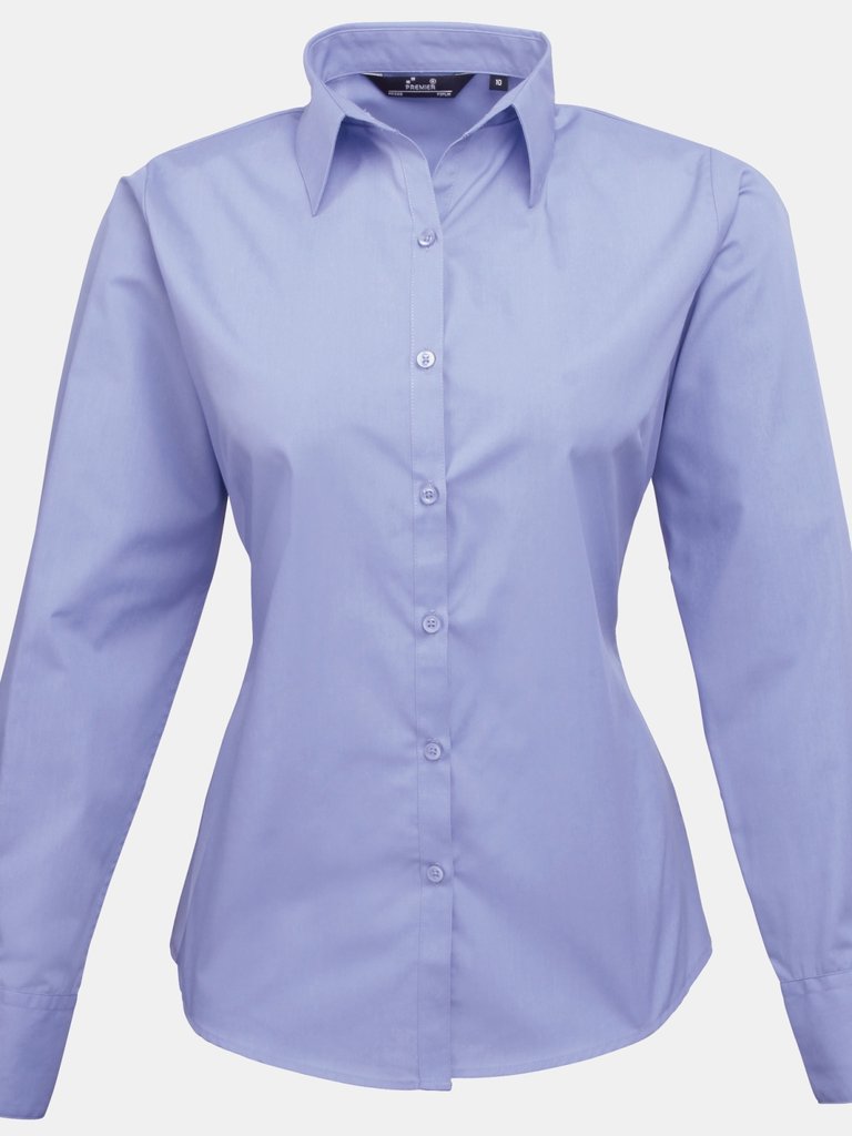 Premier Womens/Ladies Poplin Long Sleeve Blouse / Plain Work Shirt (Mid blue) - Mid blue