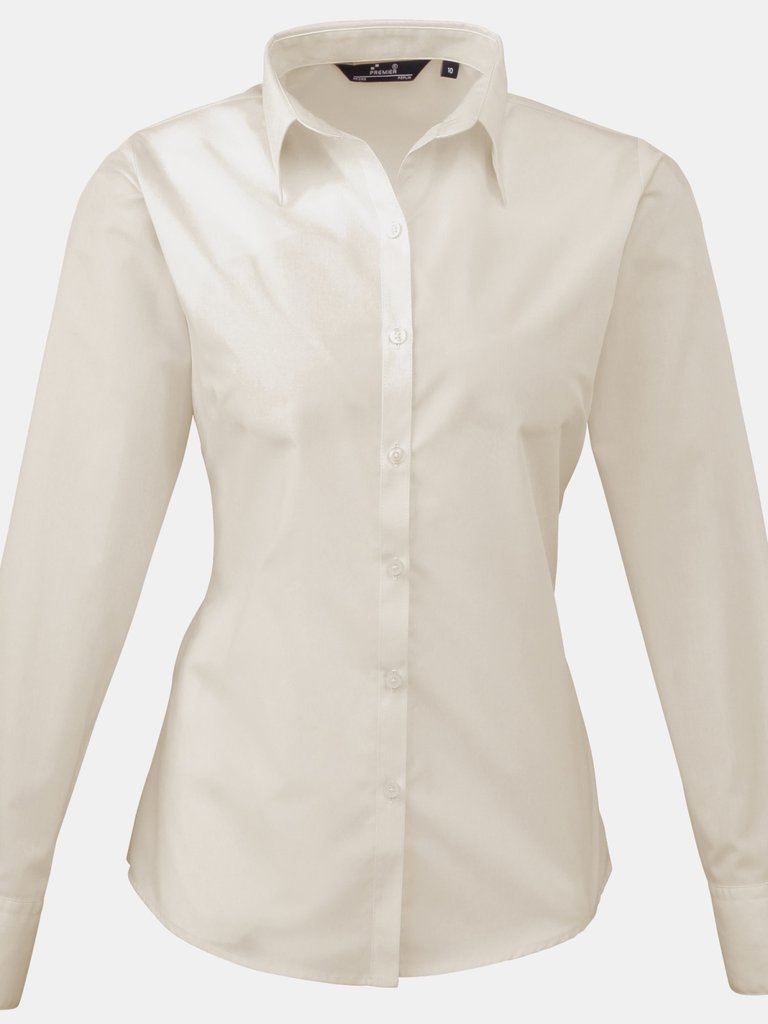 Premier Womens/Ladies Poplin Long Sleeve Blouse / Plain Work Shirt (Natural) - Natural