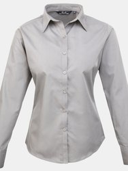 Premier Womens/Ladies Poplin Long Sleeve Blouse / Plain Work Shirt (Silver) - Silver