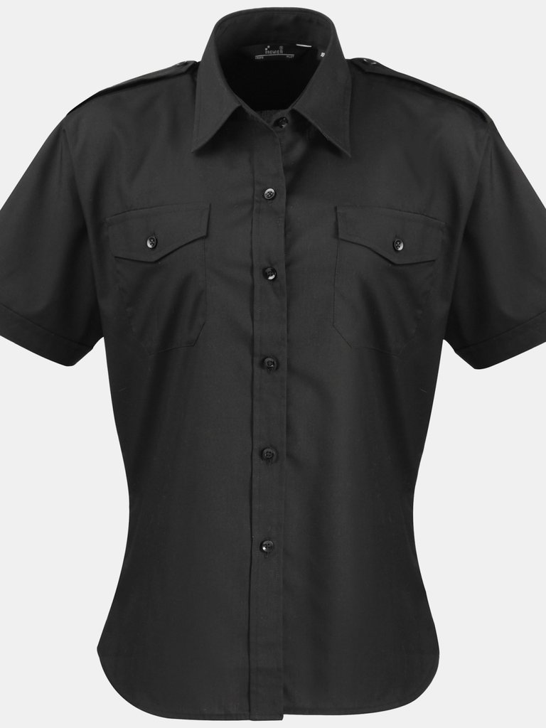 Premier Womens/Ladies Short Sleeve Pilot Blouse/Plain Work Shirt (Black) - Black