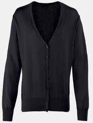 Womens/Ladies Button Through Long Sleeve V-neck Knitted Cardigan - Black - Black