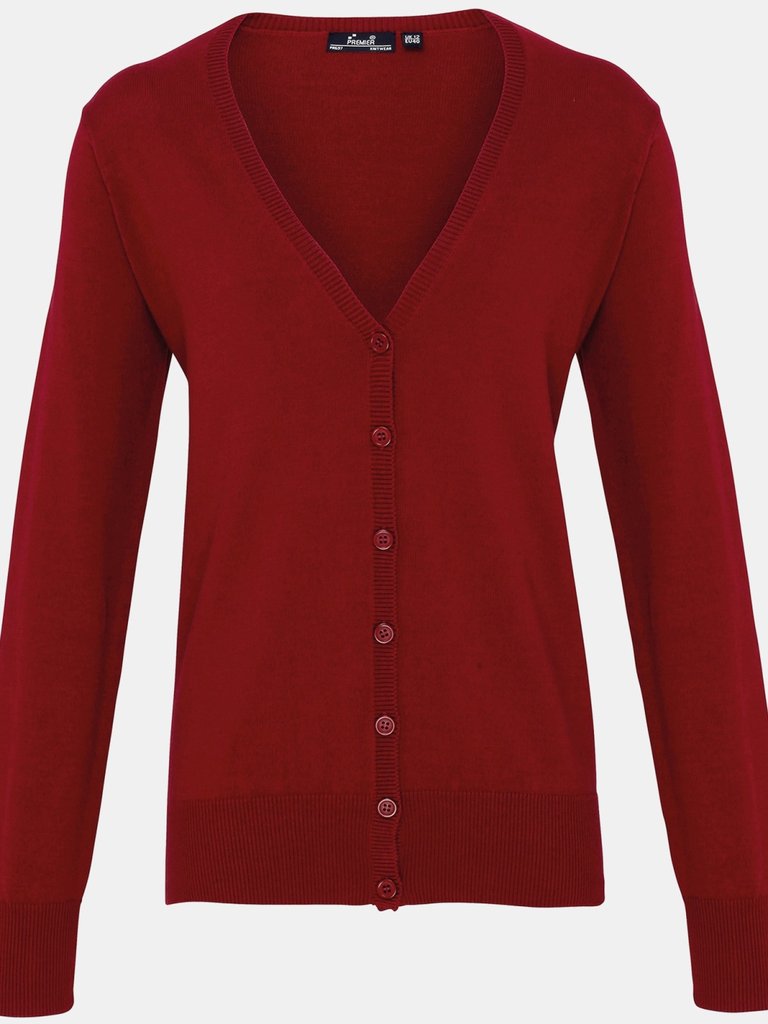Womens/Ladies Button Through Long Sleeve V-neck Knitted Cardigan - Burgundy - Burgundy