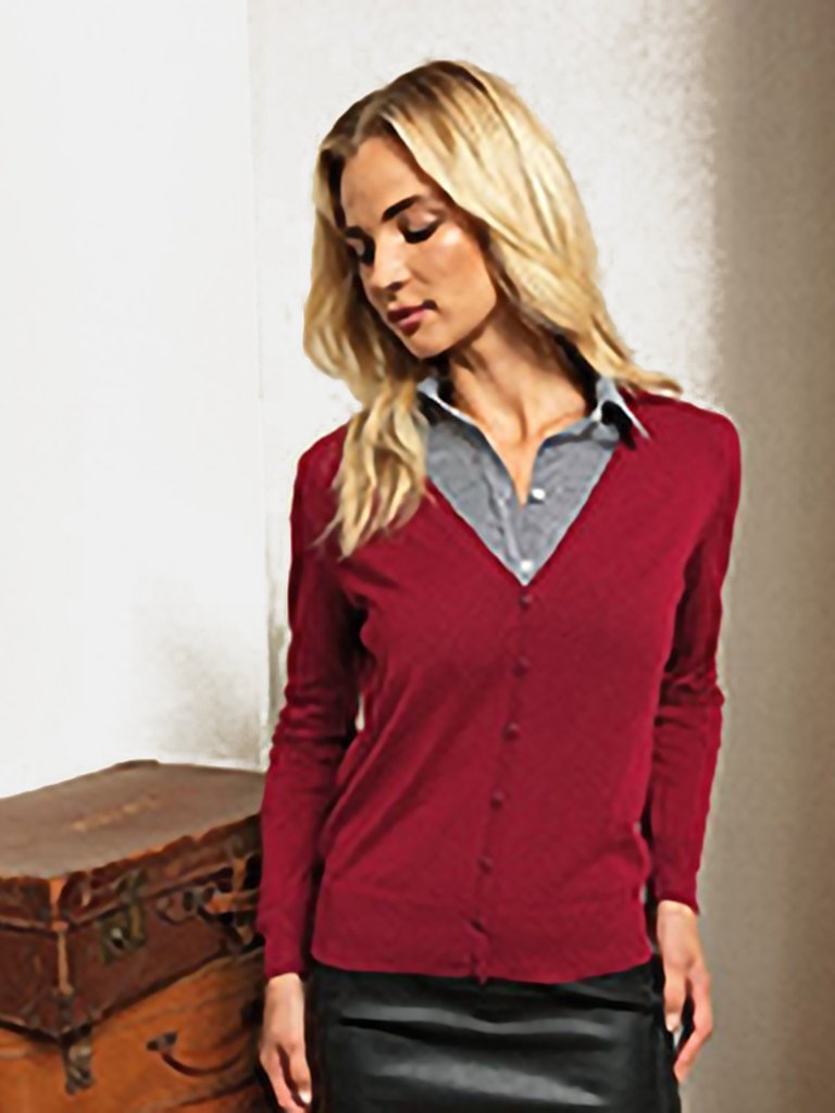 Womens/Ladies Button Through Long Sleeve V-neck Knitted Cardigan - Burgundy