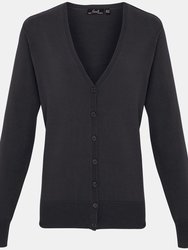 Womens/Ladies Button Through Long Sleeve V-neck Knitted Cardigan - Charcoal - Charcoal