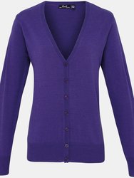 Womens/Ladies Button Through Long Sleeve V-neck Knitted Cardigan - Purple - Purple
