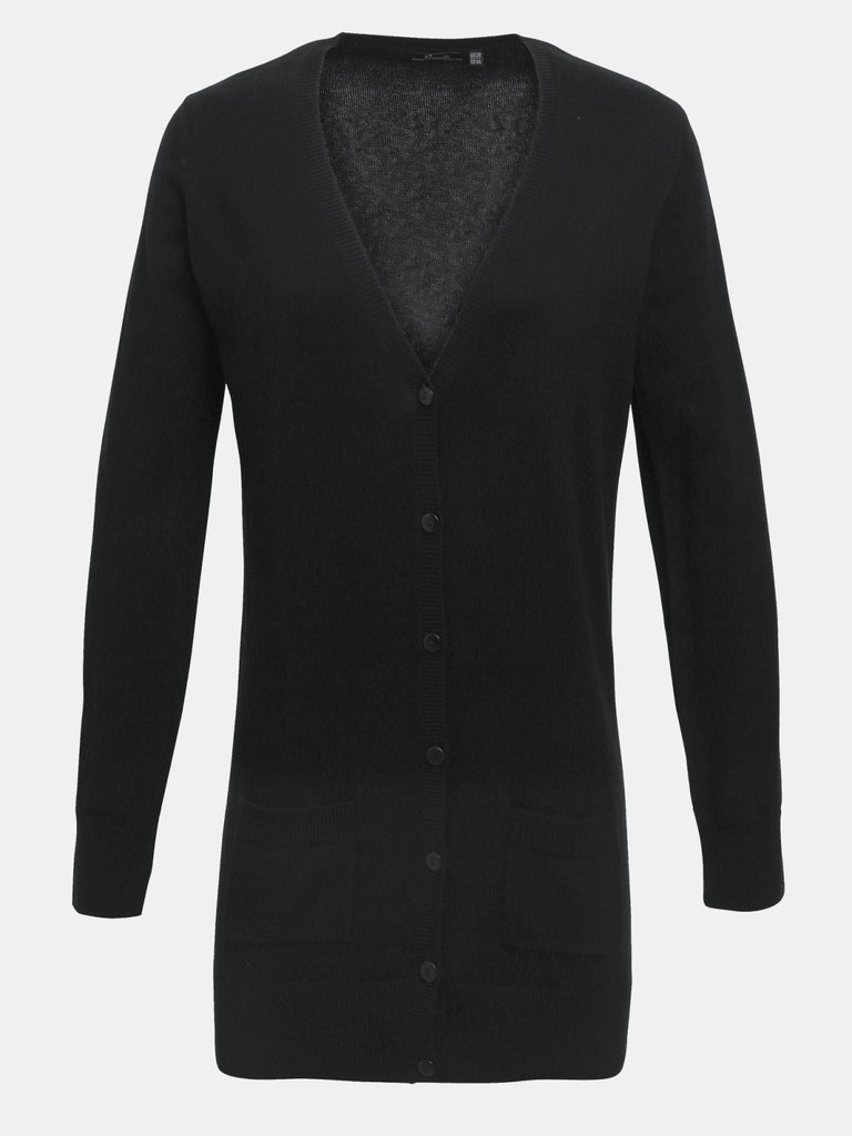 Womens/Ladies Longline V Neck Knitted Cardigan - Black - Black