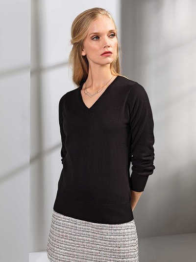 Premier Womens/Ladies V-Neck Knitted Sweater / Top - Black product