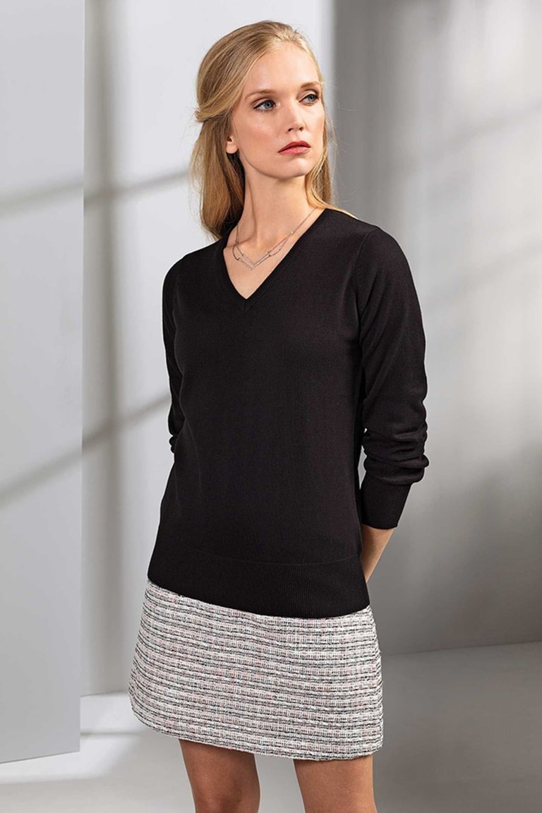 Womens/Ladies V-Neck Knitted Sweater / Top - Black - Black