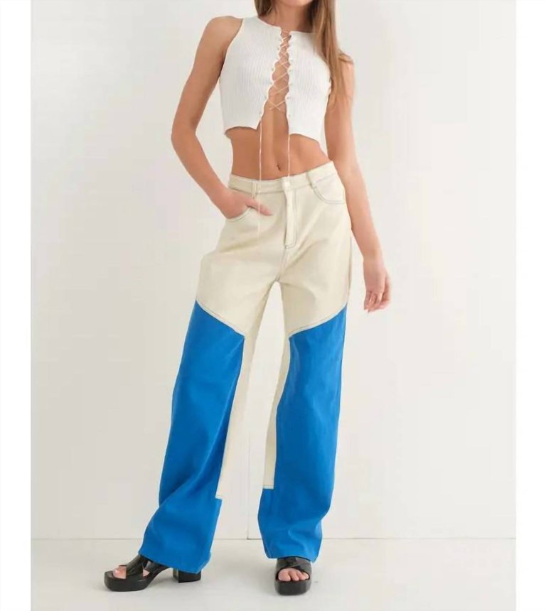 Color Blocked Long Pants In Ivory/Blue - Ivory/Blue