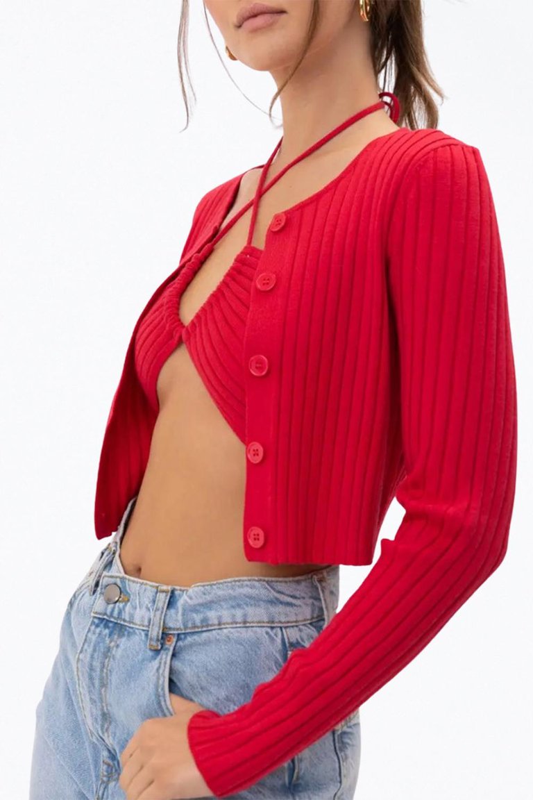 Cropped Ribbed-Knit Cardigan In Red