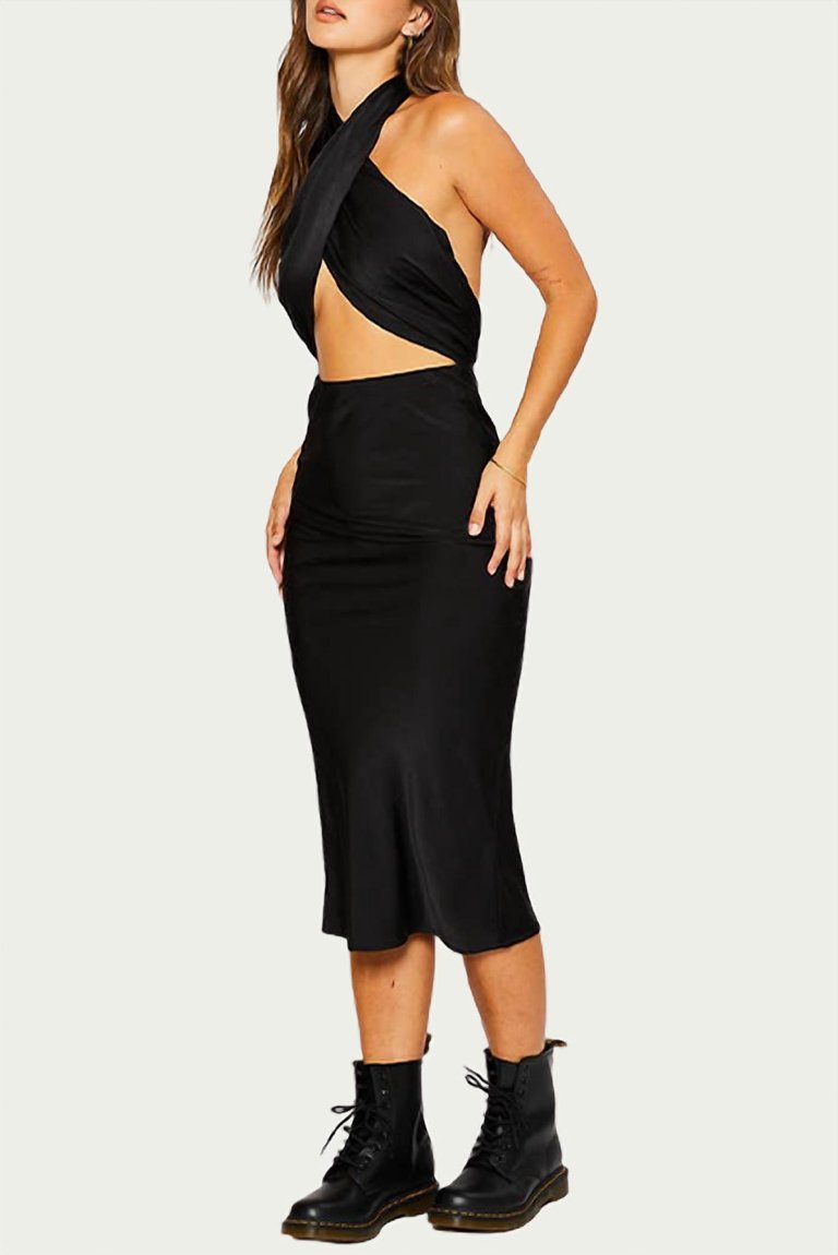 Open-Back Crossed Satin Midi Dress In Black