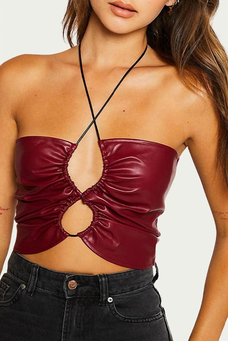 Vegan Leather Cutout Top In Burgundy - Burgundy