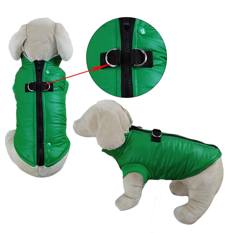 Padded Vest Jacket With Zipper Closure And Leash Ring - Green
