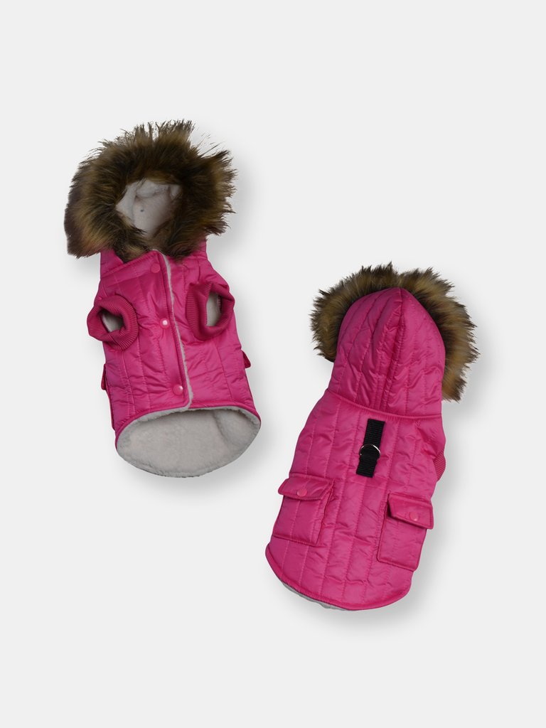 Parka Fleece Lined Dog Jacket With Leash Ring - Pink