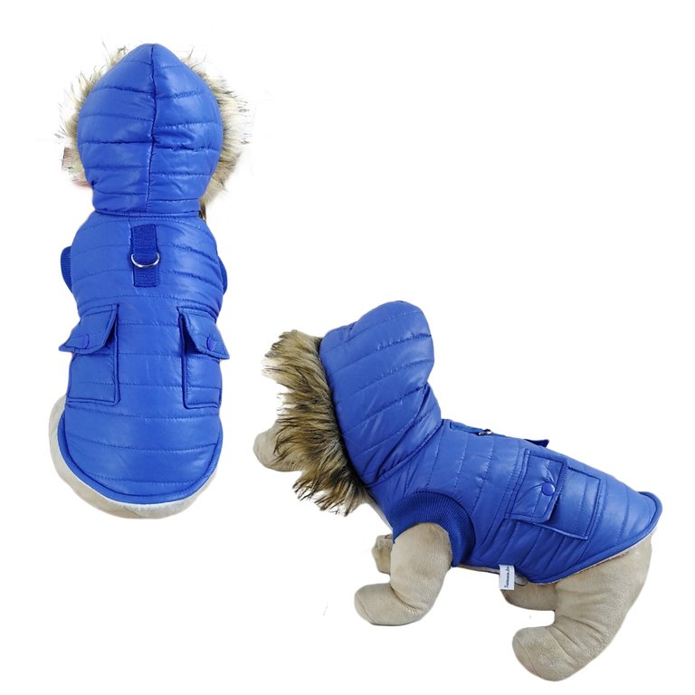 Parka Fleece Lined Dog Jacket With Leash Ring - Blue