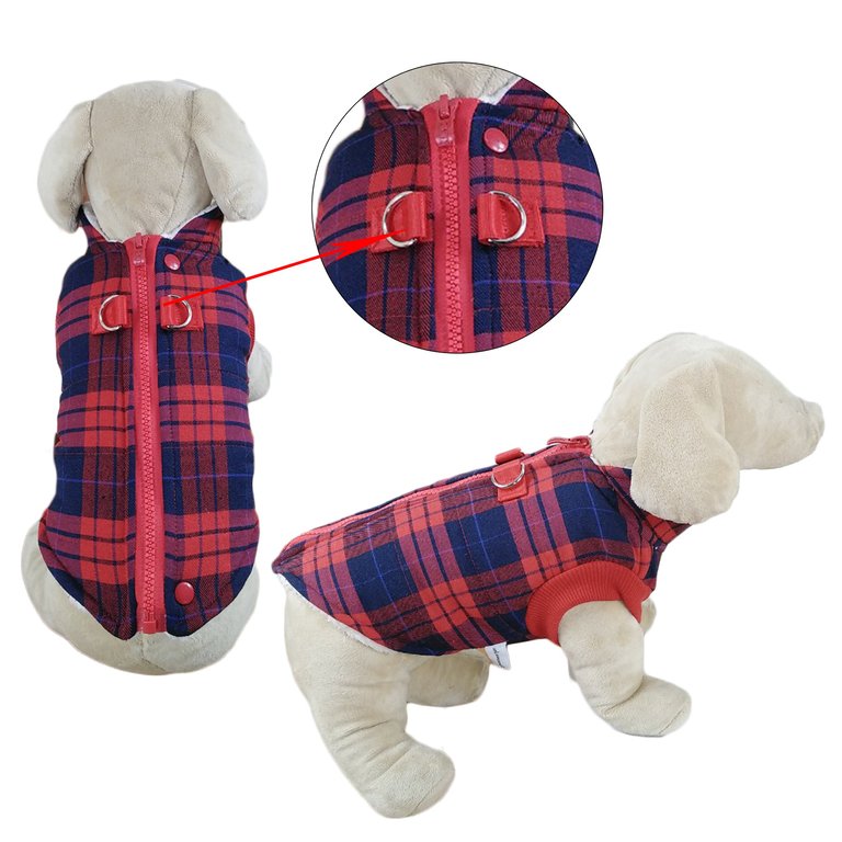 Winter Coat With Thick Fleece Zipper Closure And Leash Ring - Red Plaid