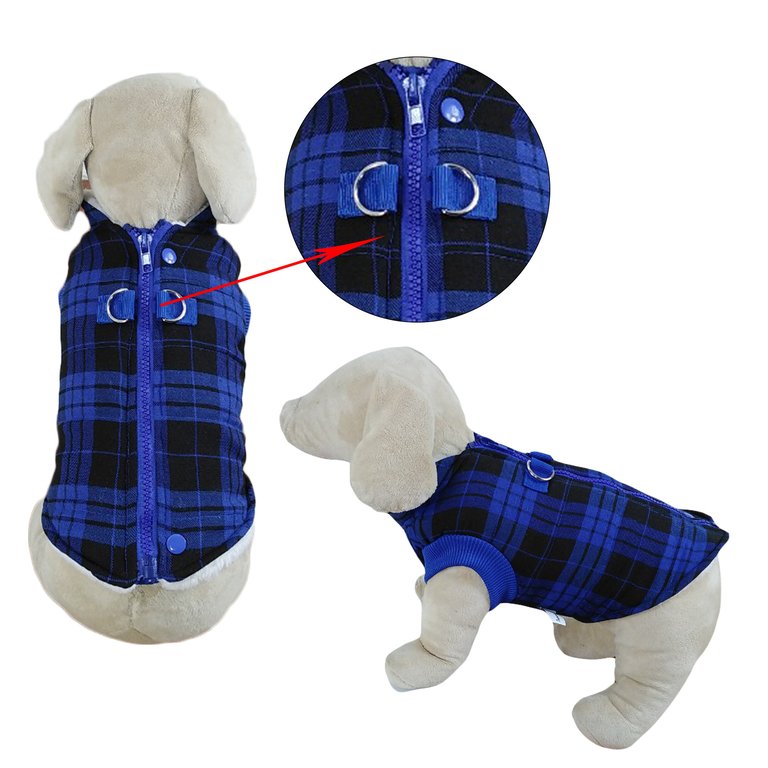 Winter Coat With Thick Fleece Zipper Closure And Leash Ring - Blue Plaid