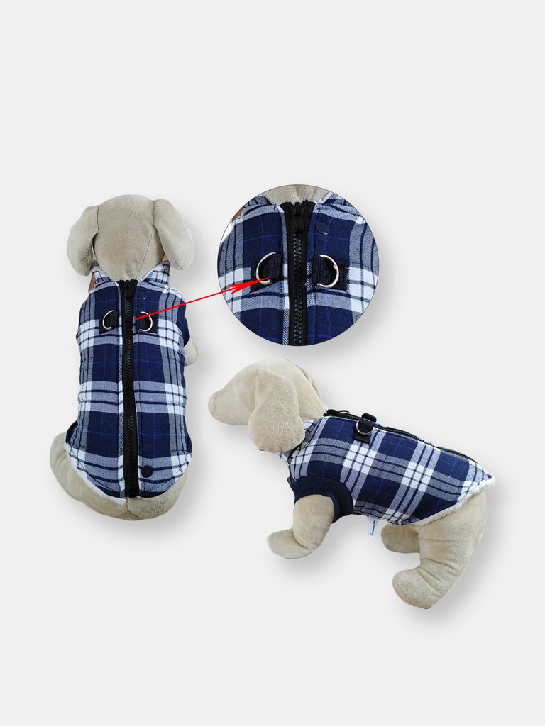 Winter Coat With Thick Fleece Zipper Closure And Leash Ring - Blue-White