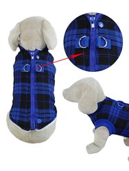 Winter Coat With Thick Fleece Zipper Closure And Leash Ring - Blue Plaid