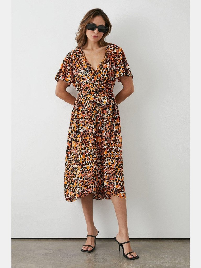 Womens/Ladies Leopard Print Wrap Dress - Orange