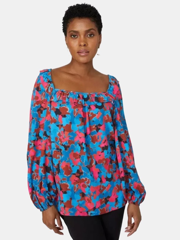 Womens/Ladies Printed Frill Detail Blouse - Blue/Pink