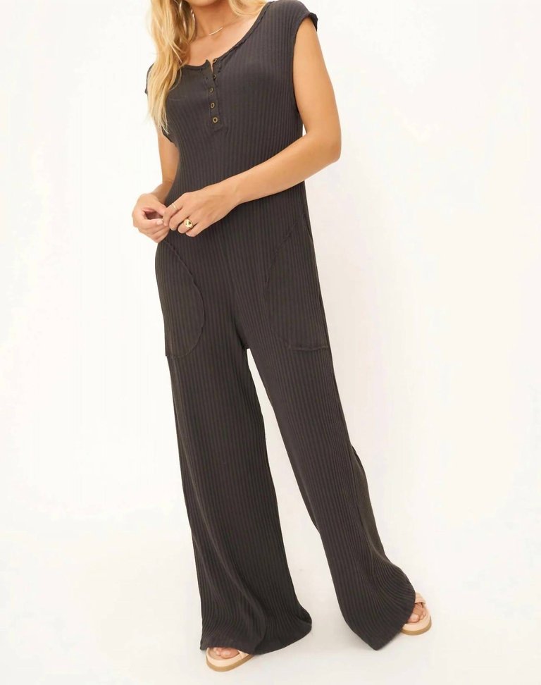 Frida Henley Sweater Rib Jumpsuit In Black - Black