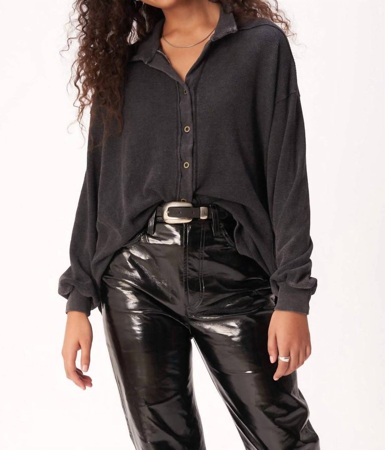 Miraya Washed Button Front Longsleeve Top In Black